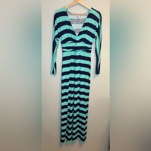 Lilly Pulitzer Women's Striped Turquoise and Navy Blue Side Slit Maxi Dress